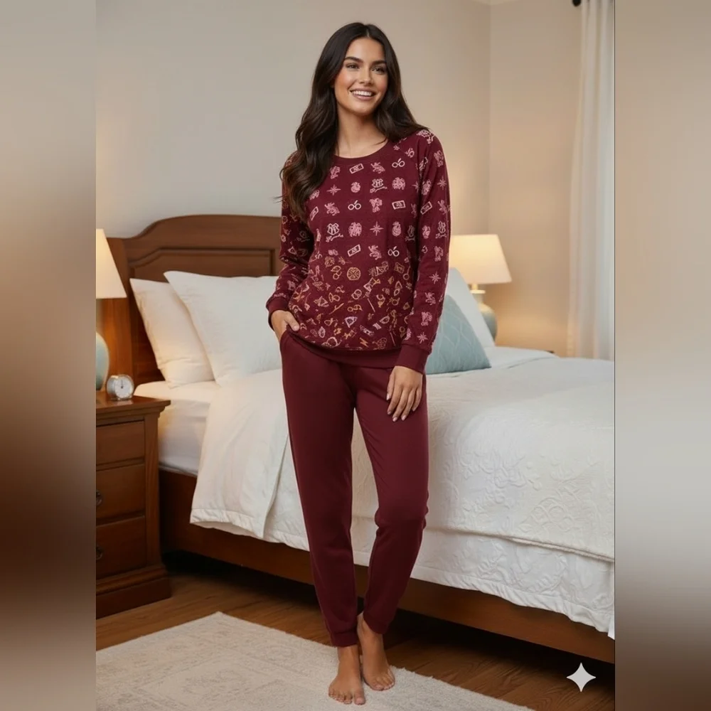 Harry Potter Burgundy Pajama Shirt – Magical Symbols Print, Soft & Cozy (L) - Picture 8 of 9